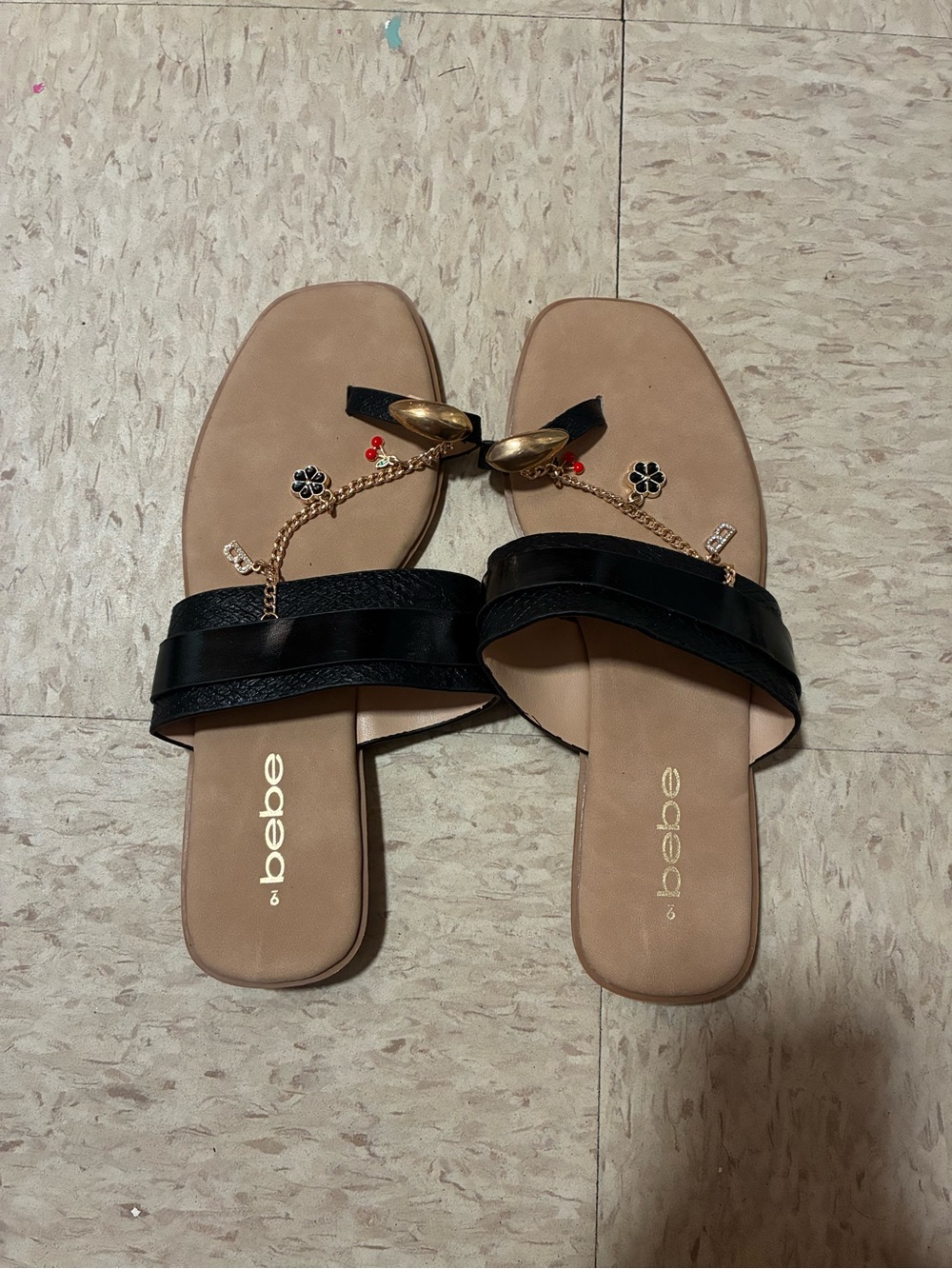 bebe Black and Nude Chain-Embellished Slide Sandals